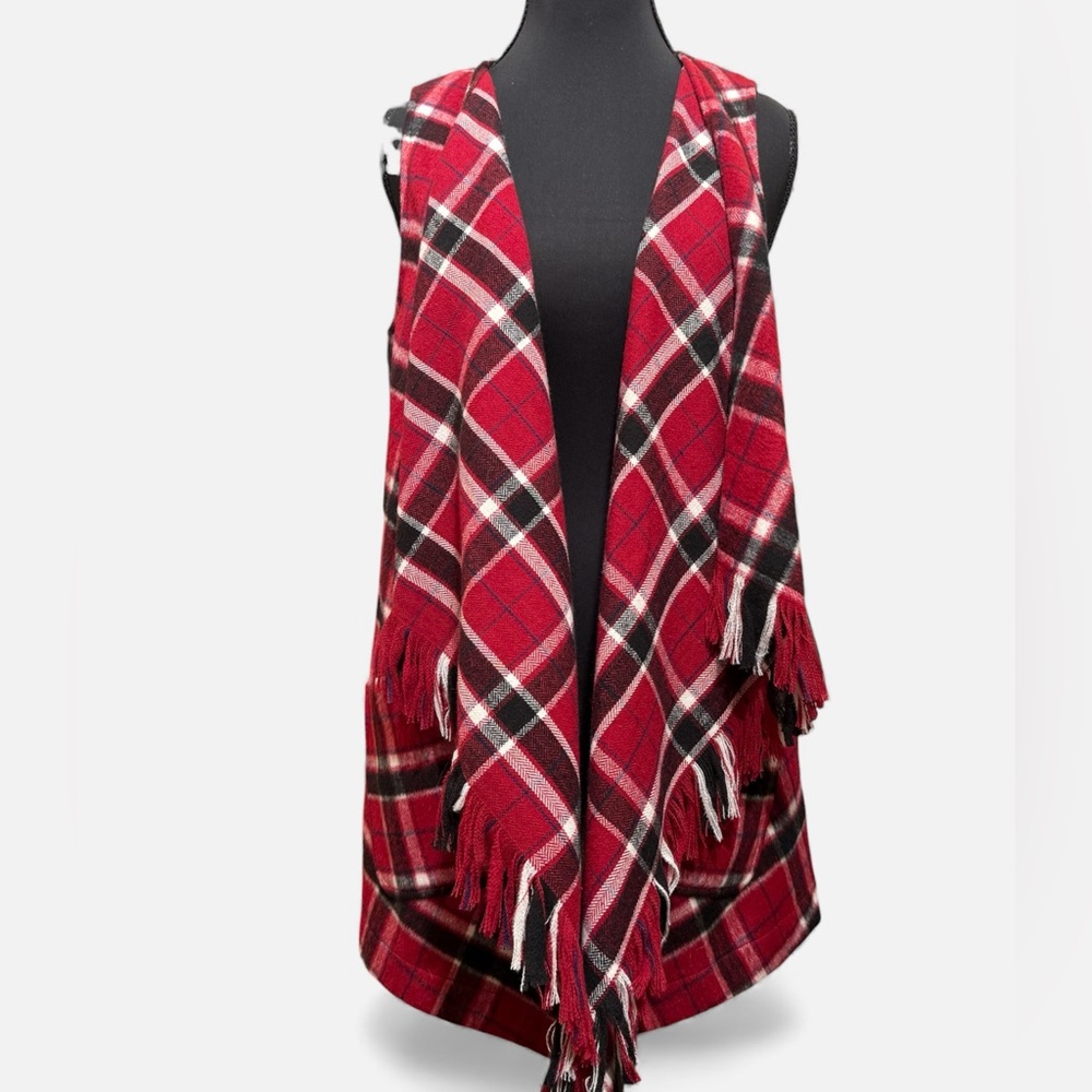 NWoT Tribal Red Plaid Fringe Flannel Vest